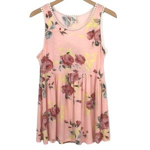 Brendas Floral Babydoll Sleeveless TankTop Size L Large Made In USA Trim Detail